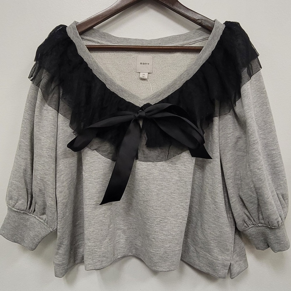 Maeve Anthropologie Kawaii Bow Top Size‎ XS Oversized Crop Ruffle Mesh Puff Poet